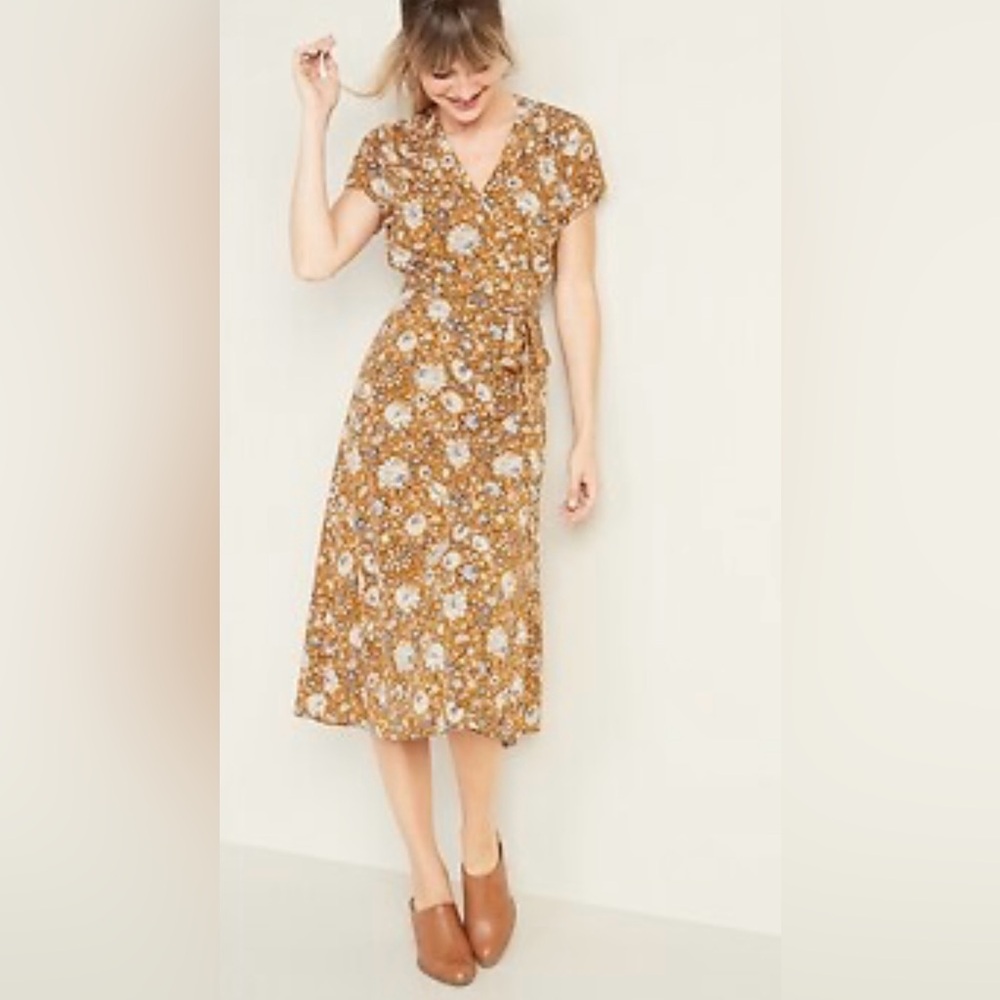 Old Navy Wrap Front Mustard Floral Dress Size medium NWT - Picture 3 of 13